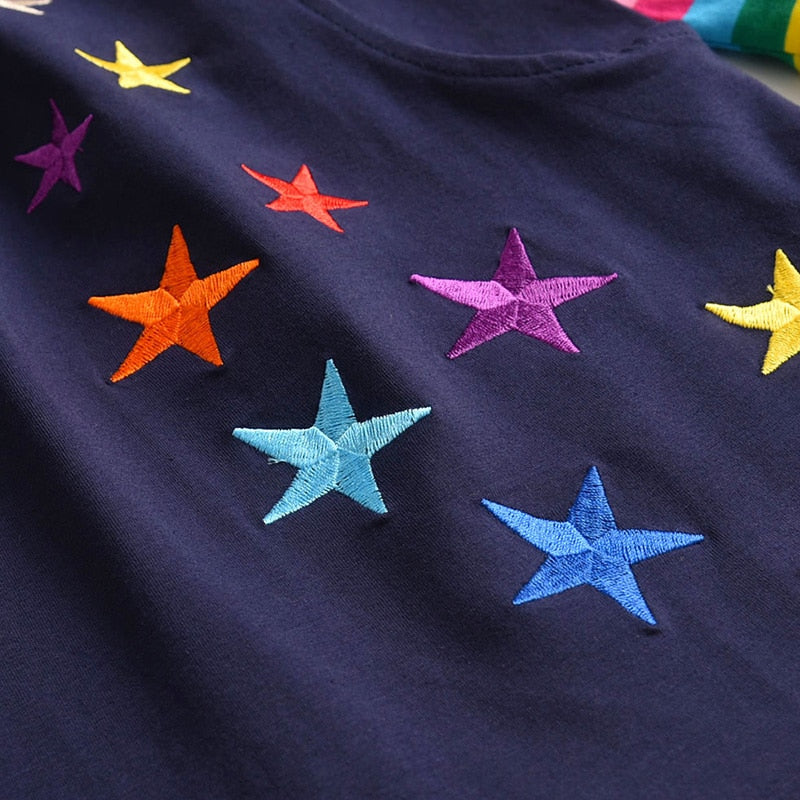 Star Embroidery Rainbow Jumper Dress and Slim  Leggings Sets for Girl Toddler 3-8T
