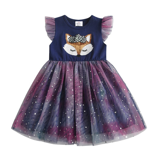 Girl Summer Dress Sequins Fox Kids Flare Sleeve Dress Starry Sky Tulle Tutu Dress