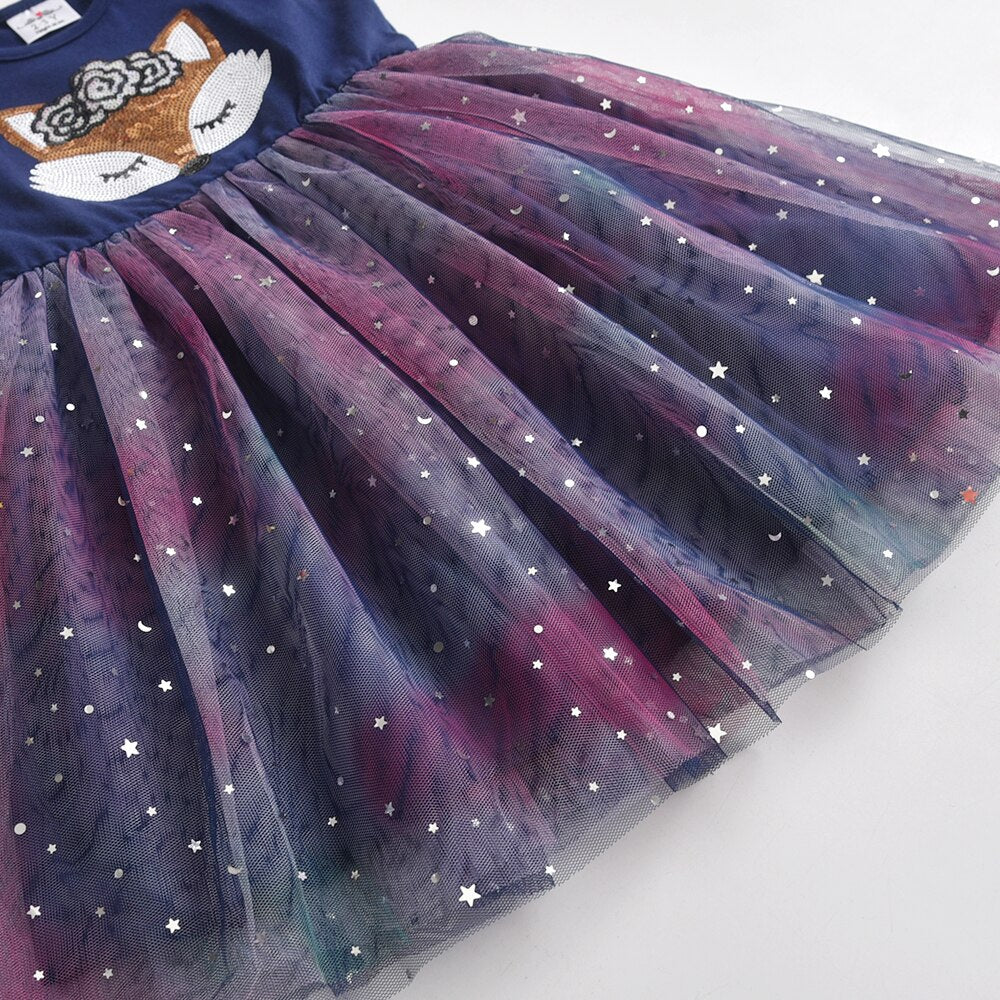 Girl Summer Dress Sequins Fox Kids Flare Sleeve Dress Starry Sky Tulle Tutu Dress