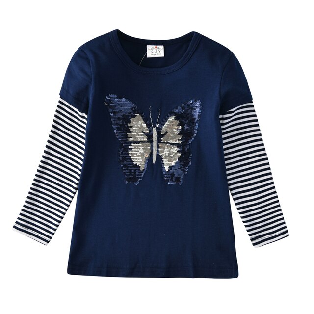 Butterfly Sequined Girl Toddler Cotton Color Block Long Sleeve T-Shirt Top