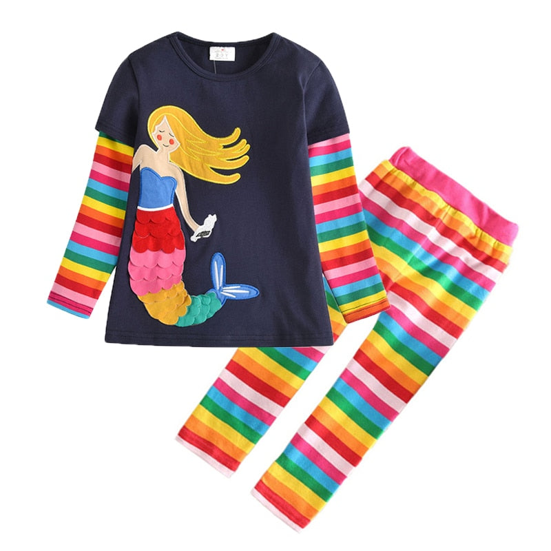 Rainbow Mermaid Top T-Shirt and Rainbow Leggings Pants 2PCS Girl Toddler Clothing Sets