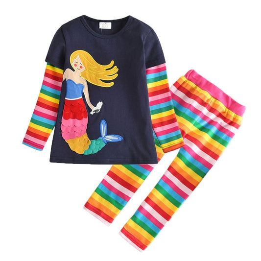 Rainbow Mermaid Top T-Shirt and Rainbow Leggings Pants 2PCS Girl Toddler Clothing Sets