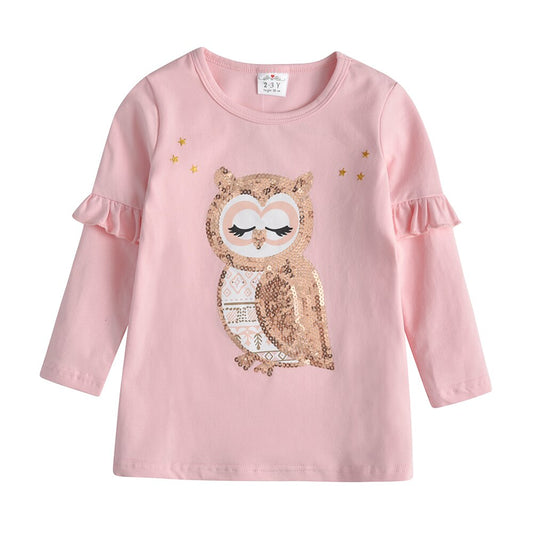 Owl Bling Sequined Girl Toddler Cotton Long Sleeve T-Shirt Tops