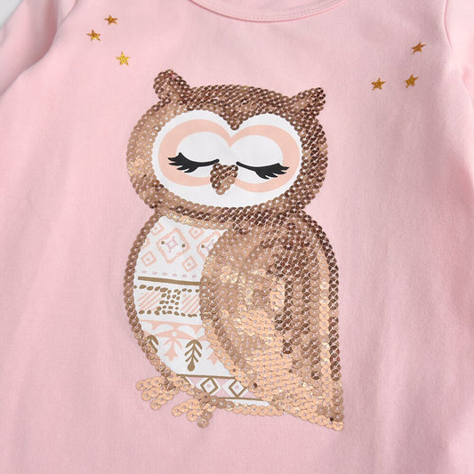 Owl Bling Sequined Girl Toddler Cotton Long Sleeve T-Shirt Tops