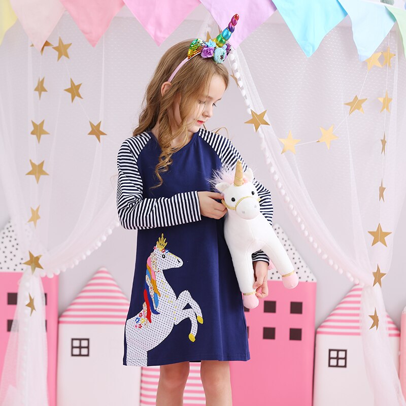 VIKITA Splicing Unicorn A Line Stripe Long Sleeve Girls Dress for Casual