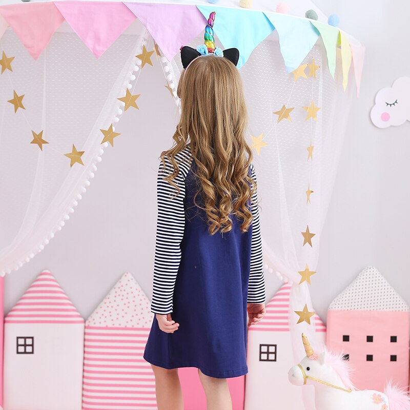 VIKITA Splicing Unicorn A Line Stripe Long Sleeve Girls Dress for Casual