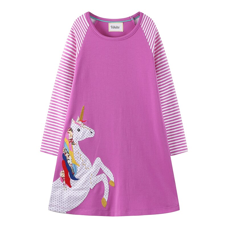 VIKITA Splicing Unicorn A Line Stripe Long Sleeve Girls Dress for Casual