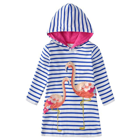 Flamingo Pattern Hooded Dresses for Girl Toddler Striped Hoodies Dress