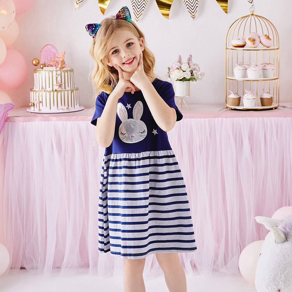 Girls Summer Dress Cute Rabbit Cotton Stripe  A Line Dress Girls Short Sleeve Cotton Dress