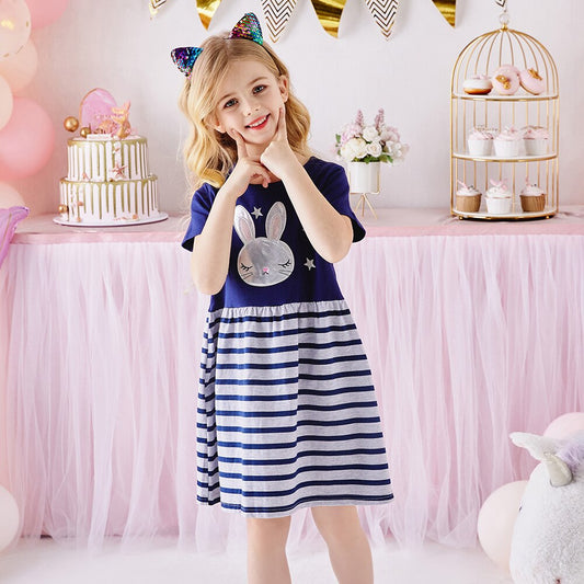 Girls Summer Dress Cute Rabbit Cotton Stripe  A Line Dress Girls Short Sleeve Cotton Dress