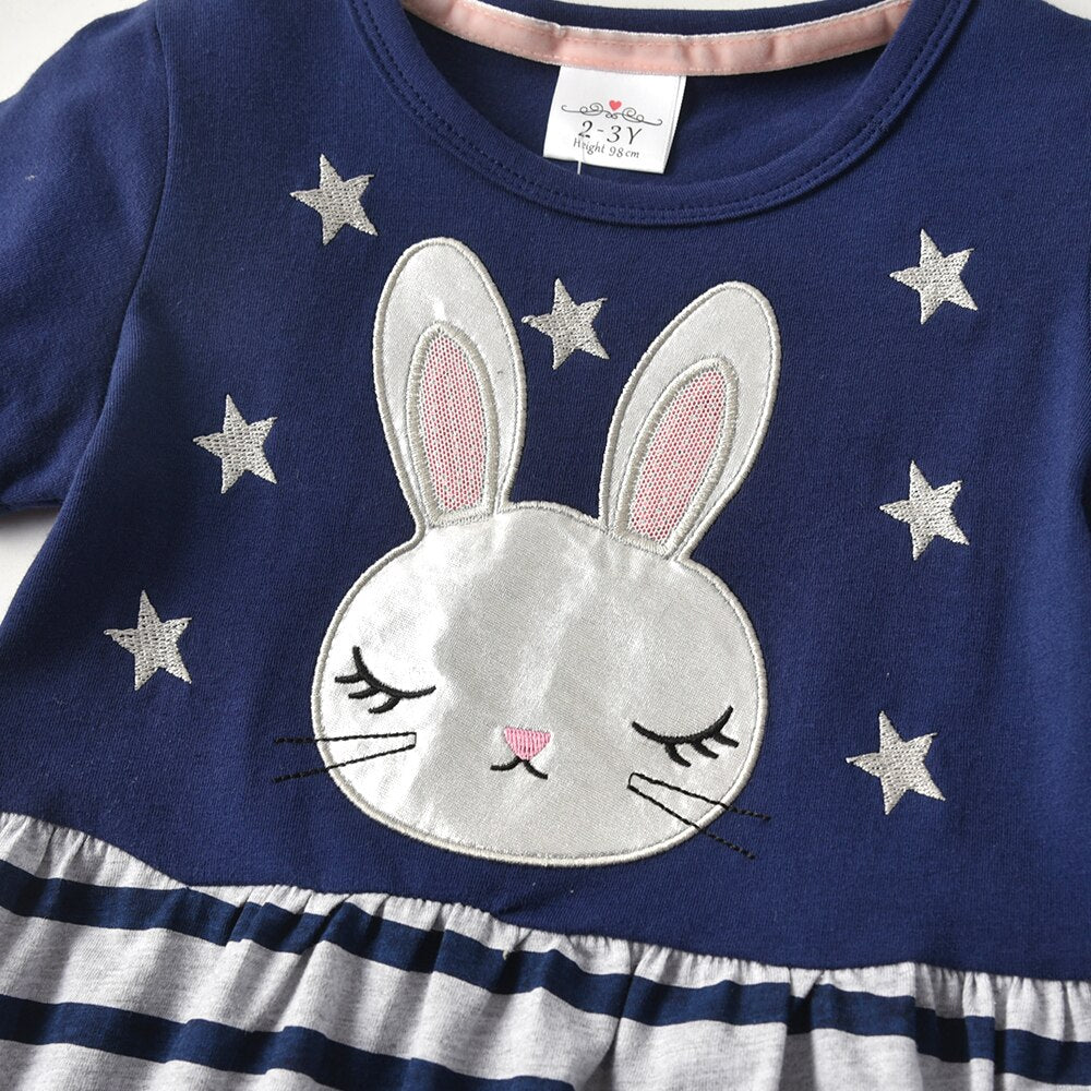 Girls Summer Dress Cute Rabbit Cotton Stripe  A Line Dress Girls Short Sleeve Cotton Dress