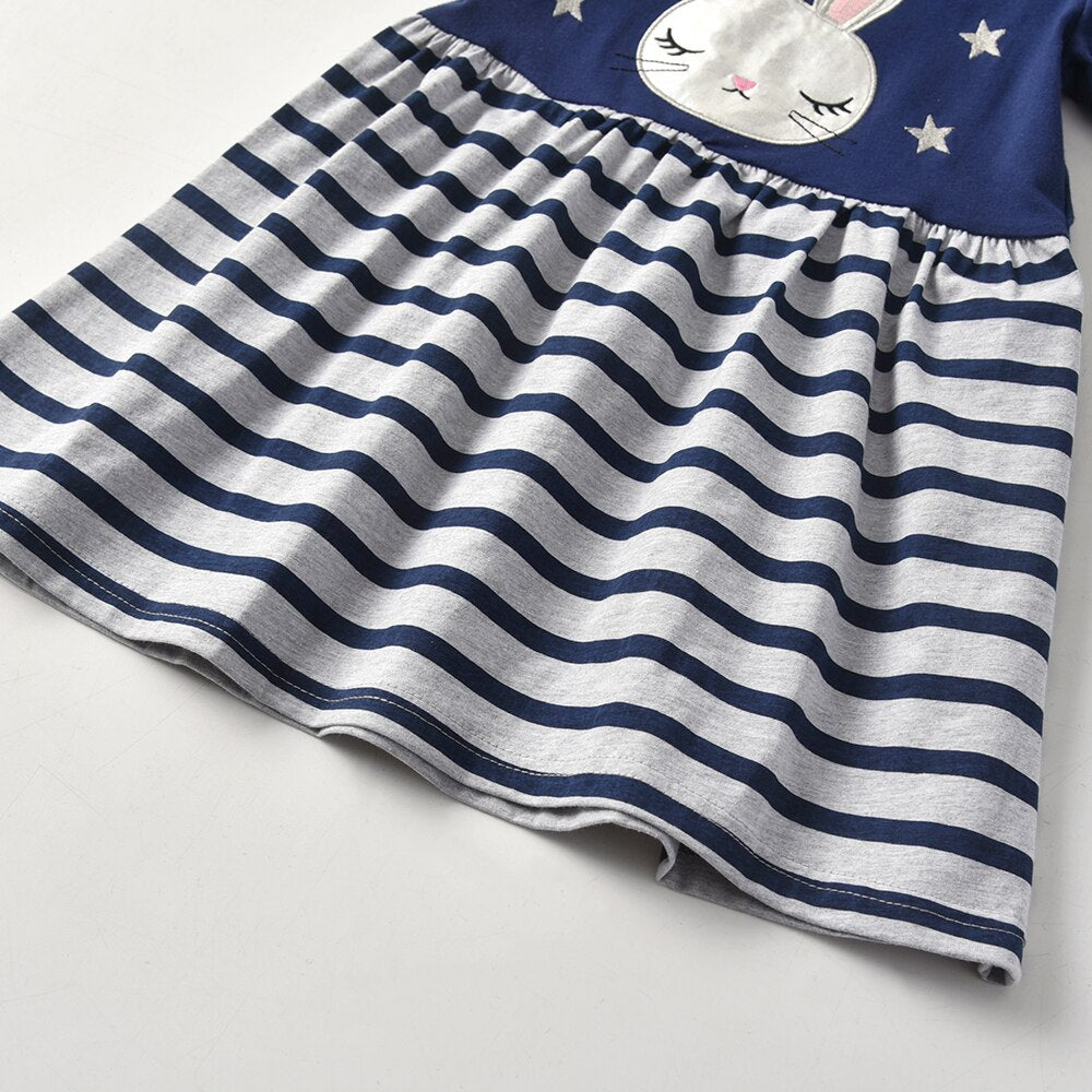 Girls Summer Dress Cute Rabbit Cotton Stripe  A Line Dress Girls Short Sleeve Cotton Dress