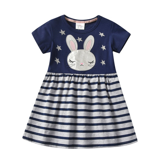 Girls Summer Dress Cute Rabbit Cotton Stripe A Line Dress Girls Short Sleeve Cotton Dress