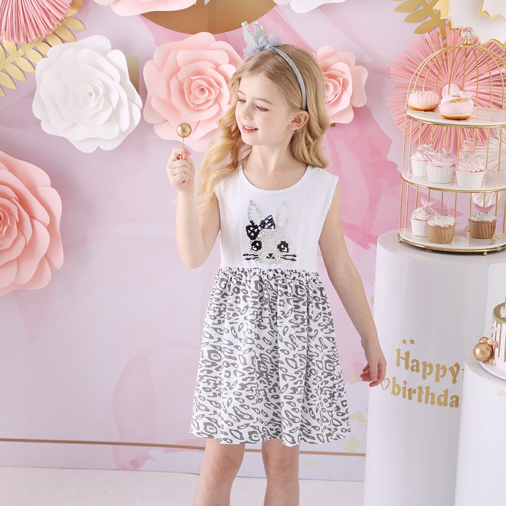 2Y-8Y Girls Sleeveless Dress Sequins Rabbit Kids Dress Summer Casual Leopard Dress for Daily School