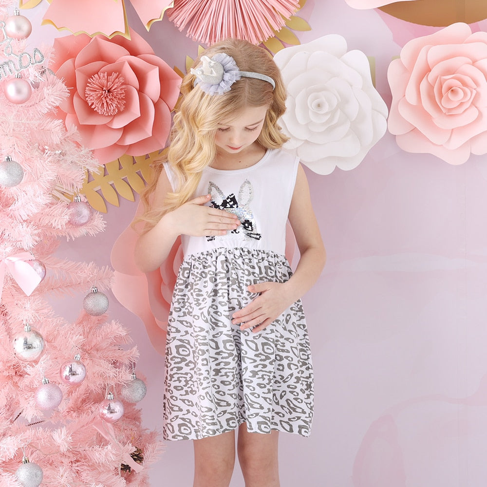 2Y-8Y Girls Sleeveless Dress Sequins Rabbit Kids Dress Summer Casual Leopard Dress for Daily School