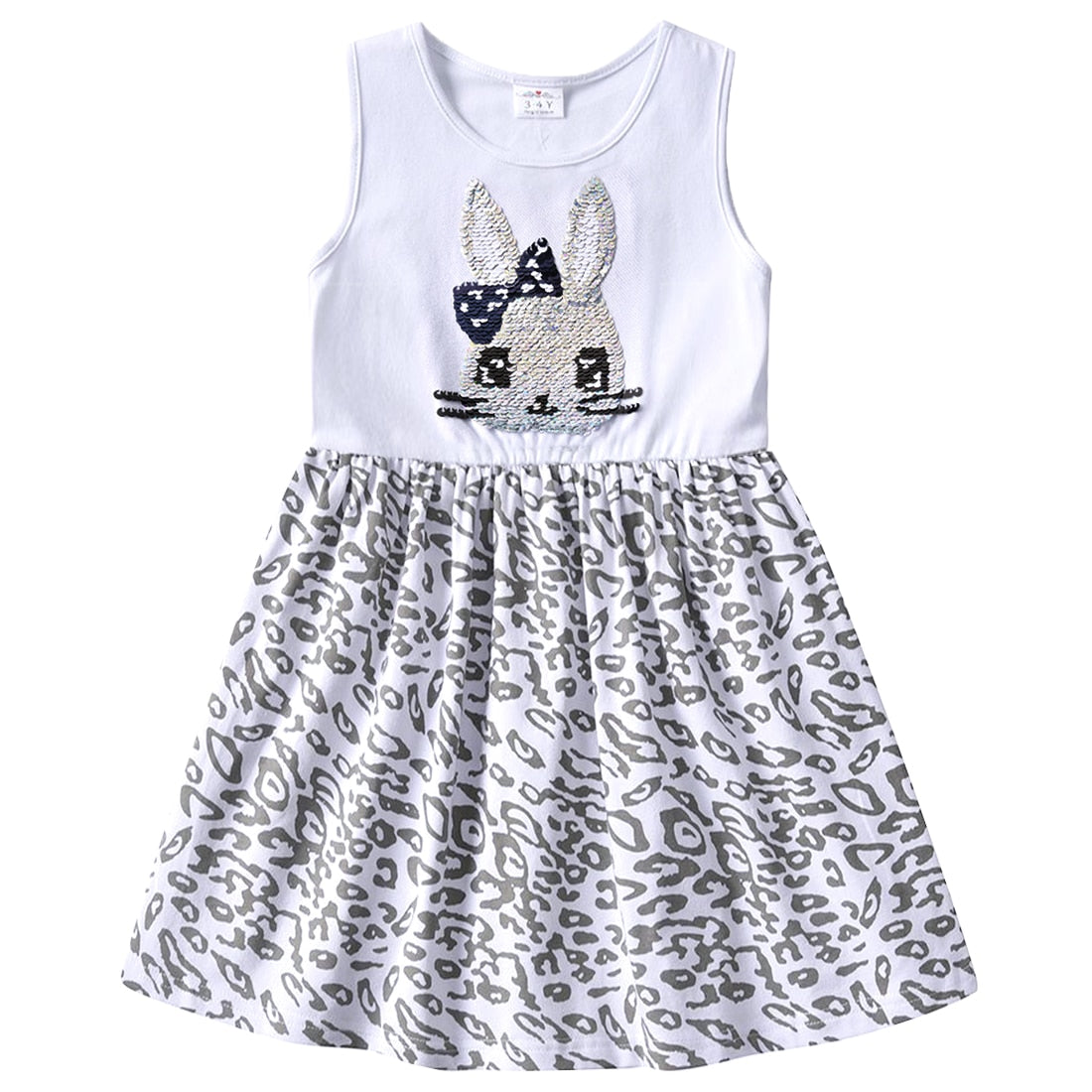 2Y-8Y Girls Sleeveless Dress Sequins Rabbit Kids Dress Summer Casual Leopard Dress for Daily School
