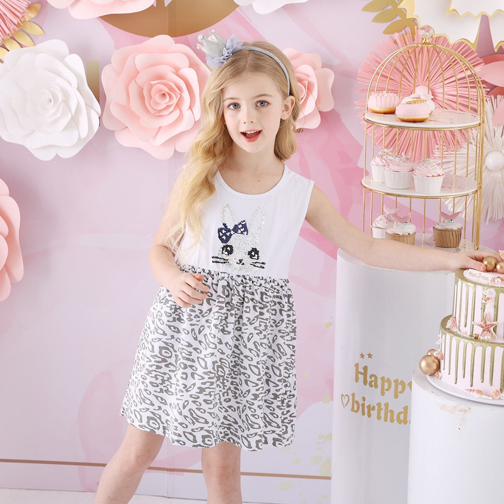 2Y-8Y Girls Sleeveless Dress Sequins Rabbit Kids Dress Summer Casual Leopard Dress for Daily School