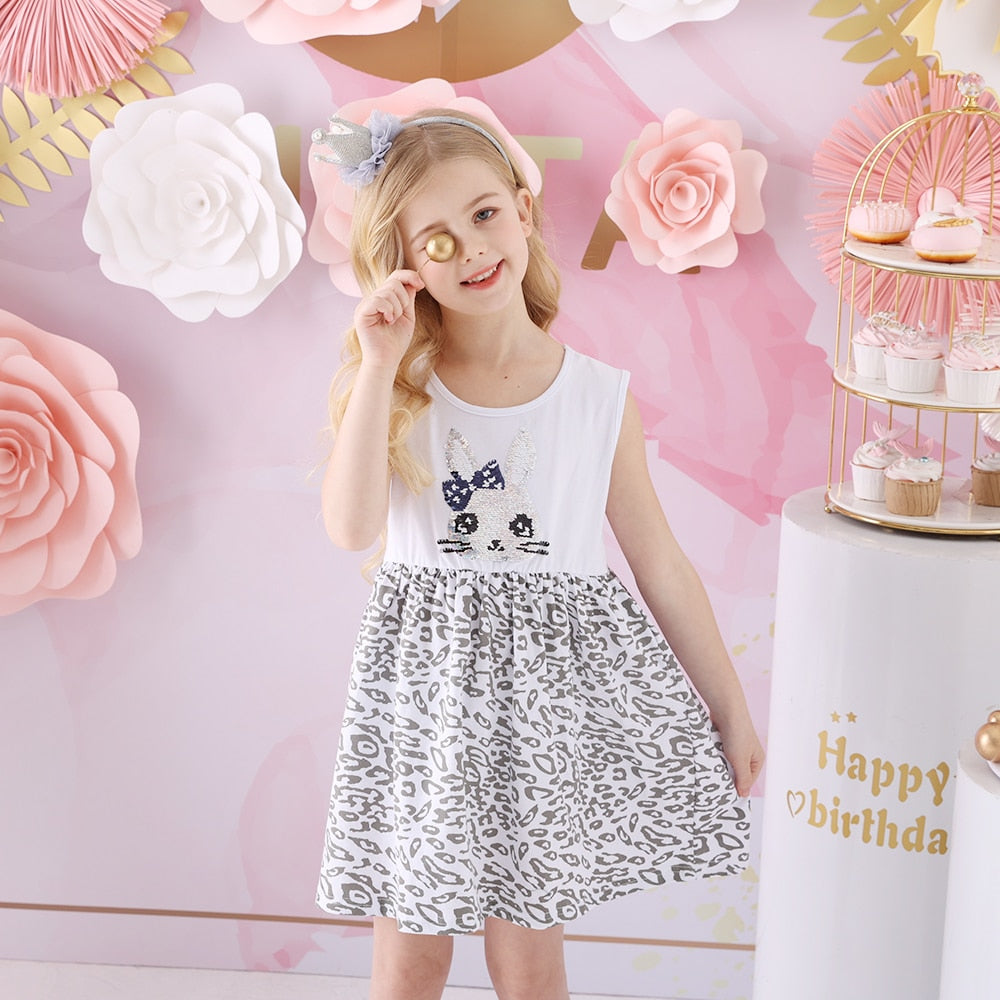 2Y-8Y Girls Sleeveless Dress Sequins Rabbit Kids Dress Summer Casual Leopard Dress for Daily School