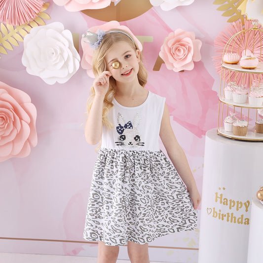 2Y-8Y Girls Sleeveless Dress Sequins Rabbit Kids Dress Summer Casual Leopard Dress for Daily School