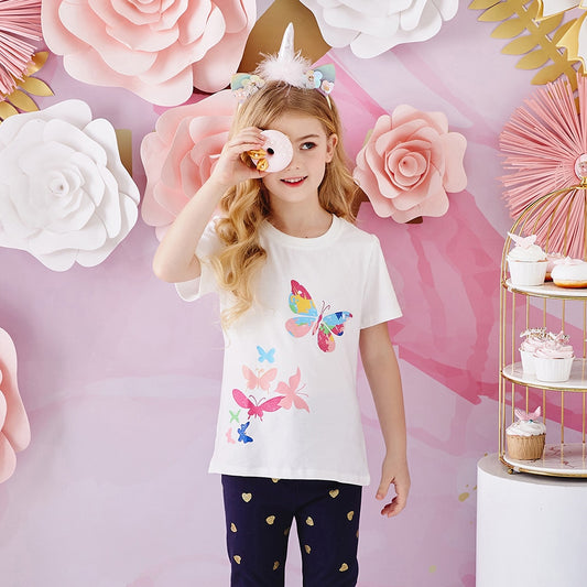 Girls Short Sleeve T-Shirt Rainbow Butterfly Summer Cotton Top