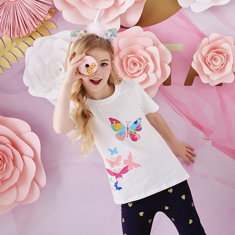 Girls Short Sleeve T-Shirt Rainbow Butterfly Summer Cotton Top