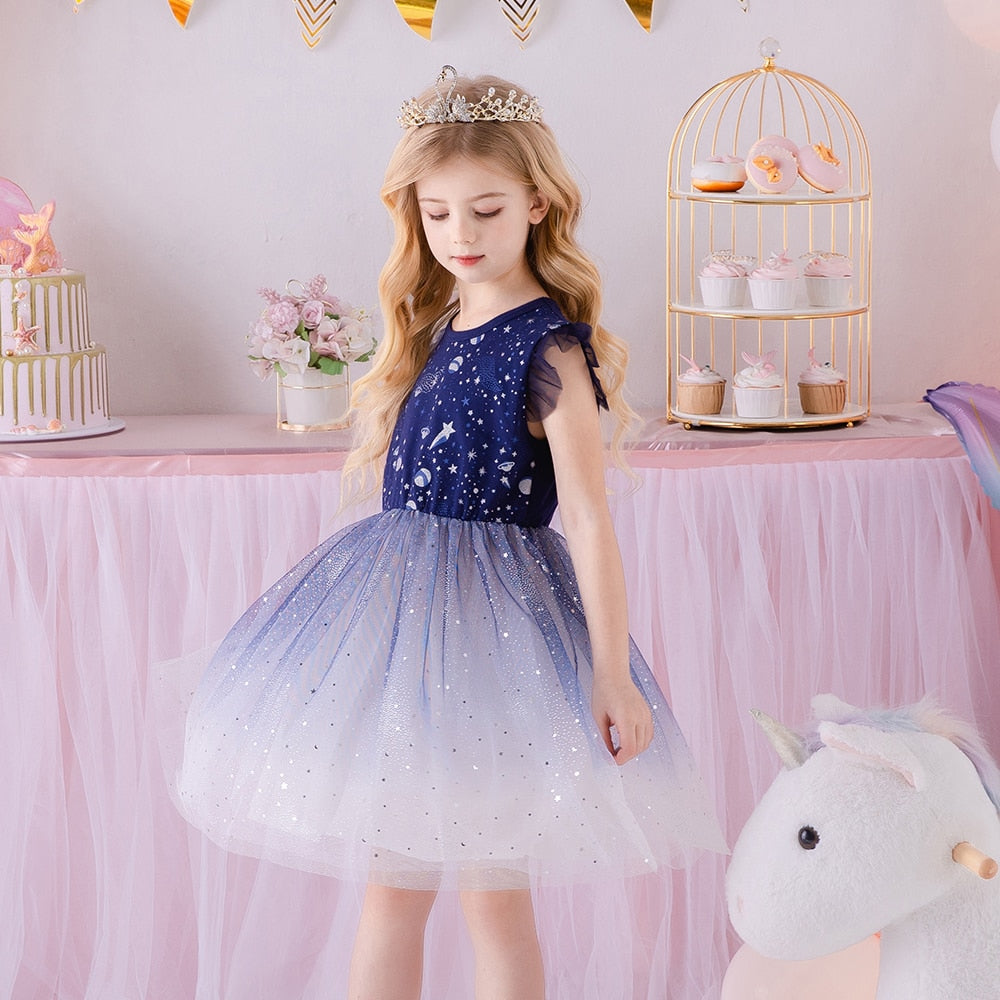 Girls Princess Dress Summer Flare Sleeve Star Sequins Kids Sweet Party Elegant Dress