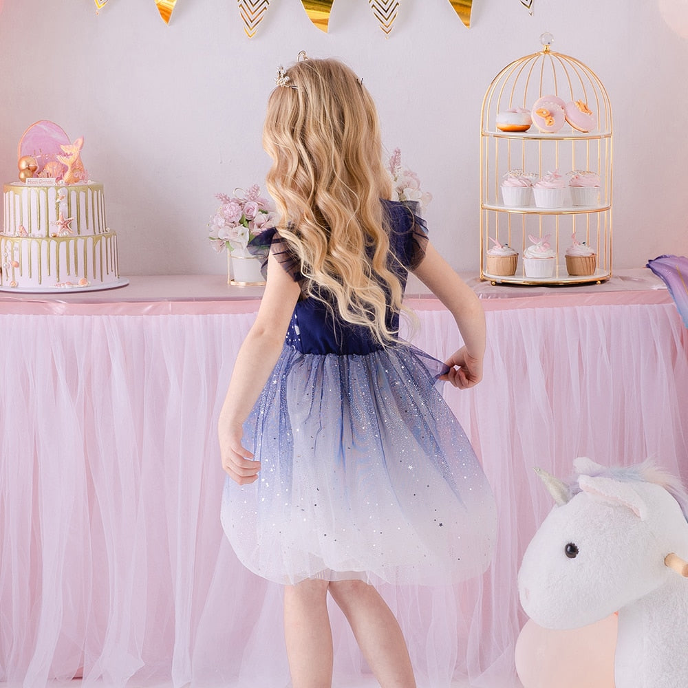 Girls Princess Dress Summer Flare Sleeve Star Sequins Kids Sweet Party Elegant Dress