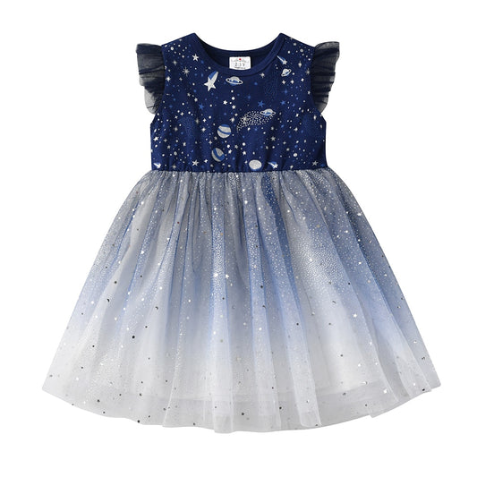 Girls Princess Dress Summer Flare Sleeve Star Sequins Kids Sweet Party Elegant Dress