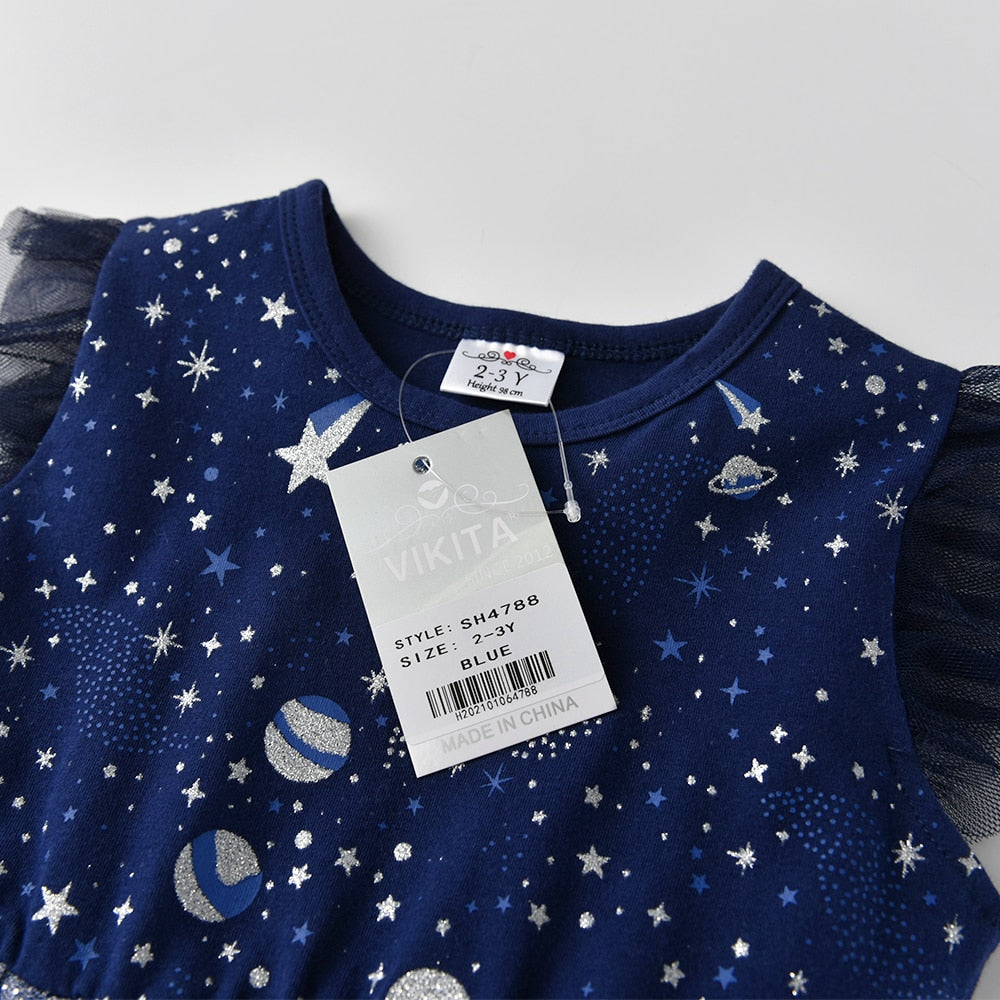 Girls Princess Dress Summer Flare Sleeve Star Sequins Kids Sweet Party Elegant Dress
