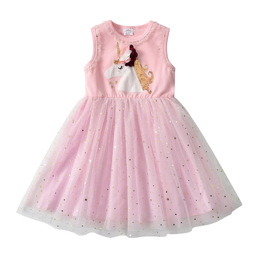 2Y-8Y Girls Pink Summer Dress Unicorn Princess Tutu Dress Sleeveless Sparkle Tulle Kids Dress