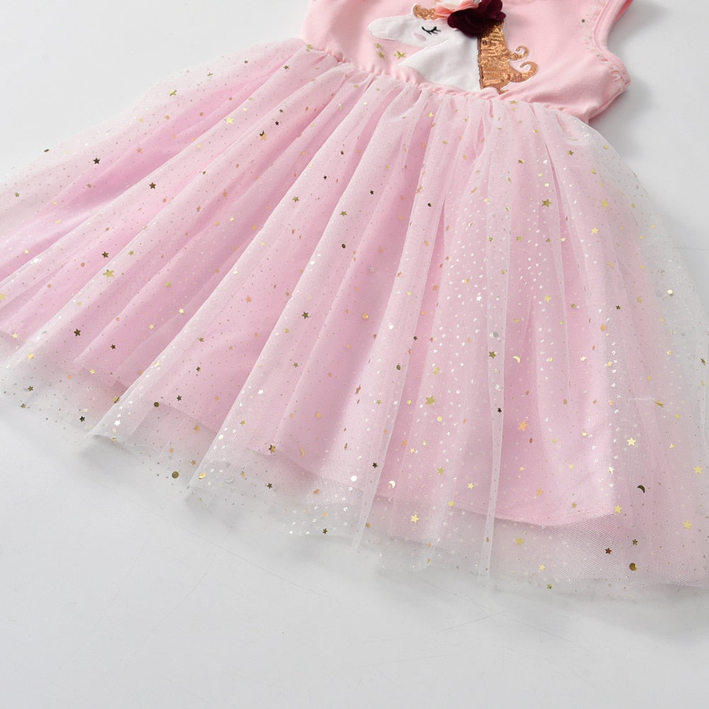 2Y-8Y Girls Pink Summer Dress Unicorn Princess Tutu Dress Sleeveless Sparkle Tulle Kids Dress