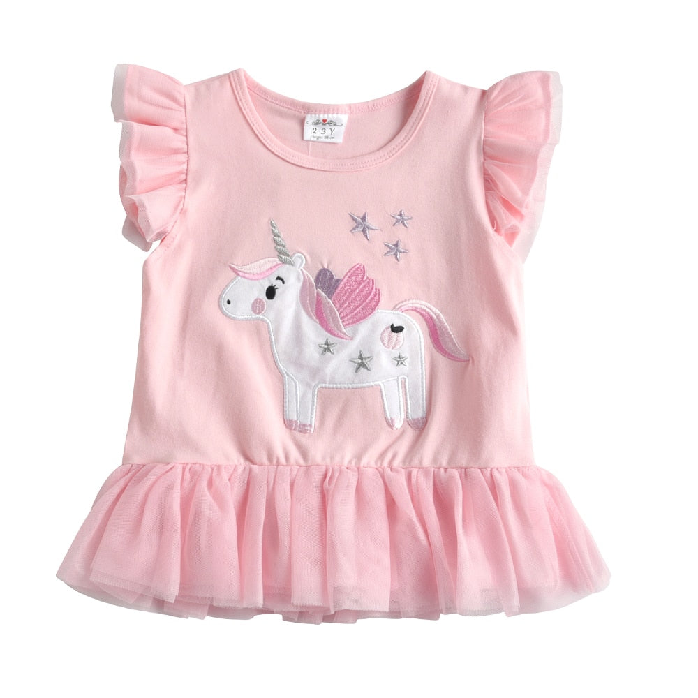 Girl Short Sleeve T-Shirt Cute Unicorn Embroidery Casual Ruffle Tulle Top