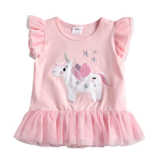 Girl Short Sleeve T-Shirt Cute Unicorn Embroidery Casual Ruffle Tulle Top