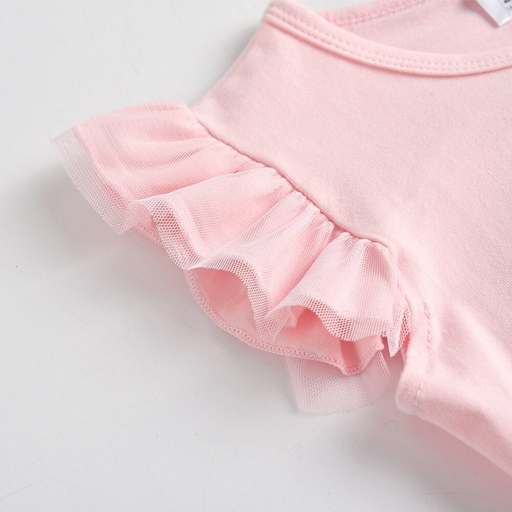 Girl Short Sleeve T-Shirt Cute Unicorn Embroidery Casual Ruffle Tulle Top
