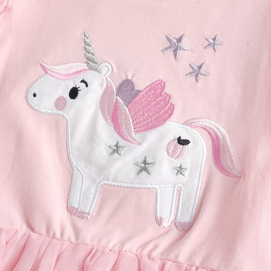 Girl Short Sleeve T-Shirt Cute Unicorn Embroidery Casual Ruffle Tulle Top