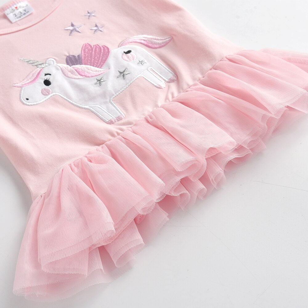 Girl Short Sleeve T-Shirt Cute Unicorn Embroidery Casual Ruffle Tulle Top