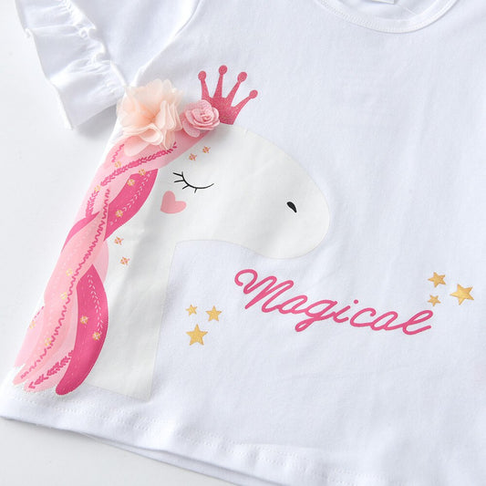 Girls Short Sleeve T-Shirt Pink Magic Unicorn Pattern O Neck Top