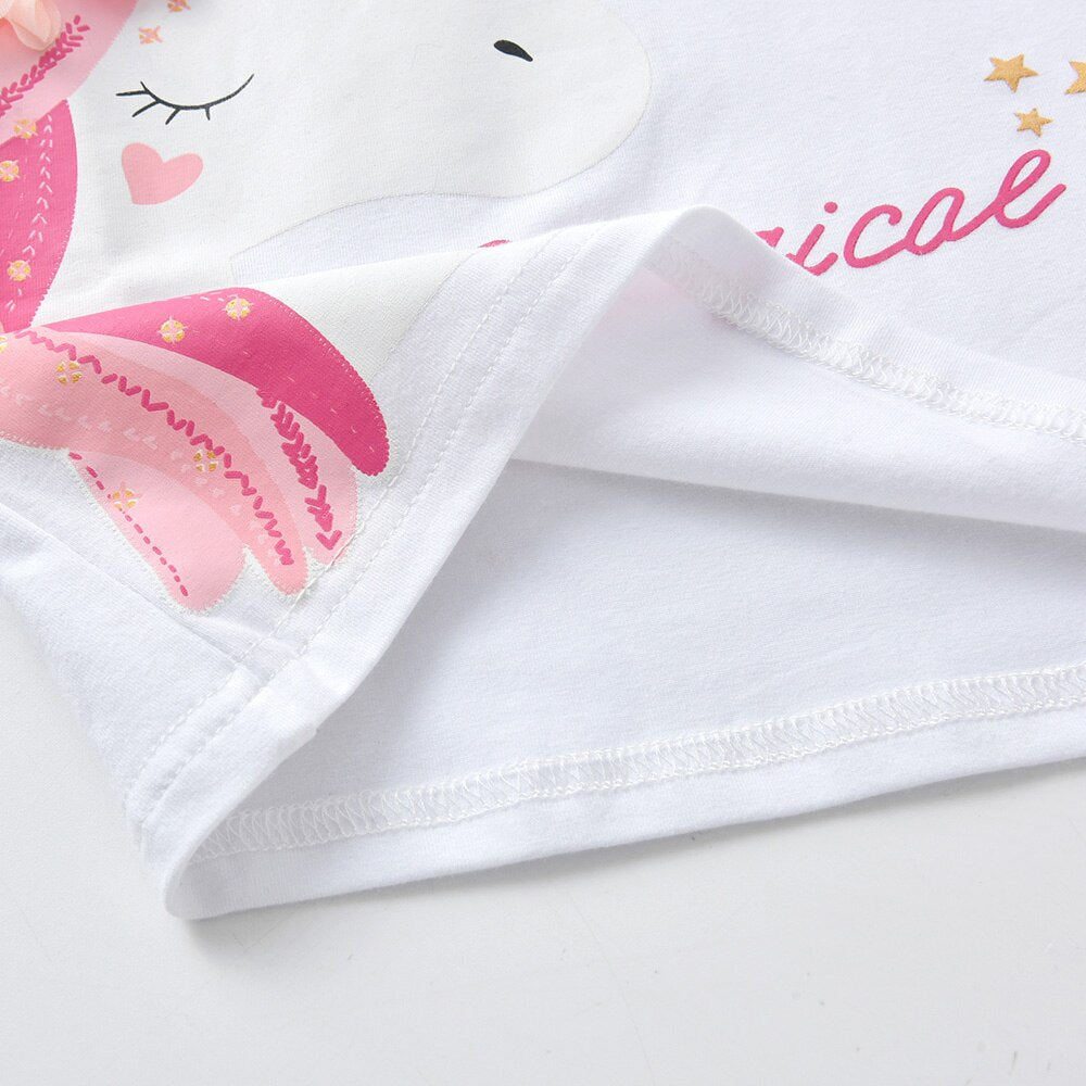 Girls Short Sleeve T-Shirt Pink Magic Unicorn Pattern O Neck Top