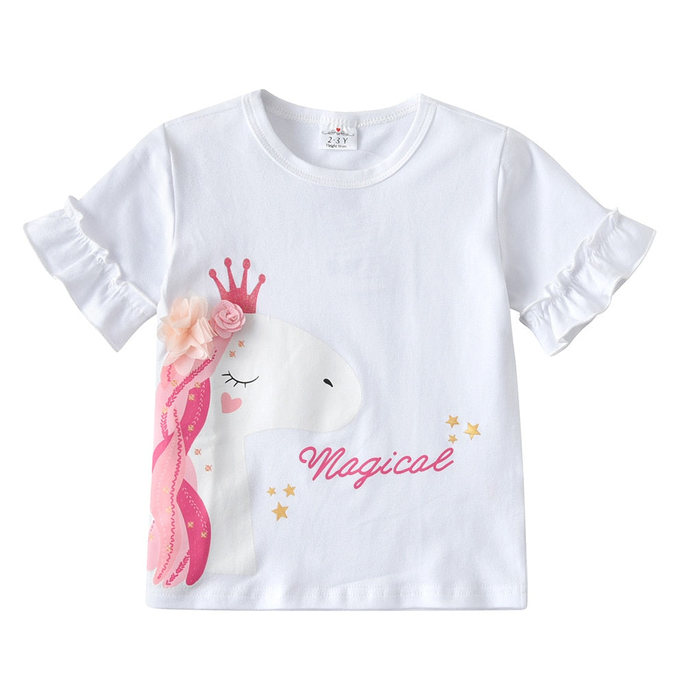 Girls Short Sleeve T-Shirt Pink Magic Unicorn Pattern O Neck Top
