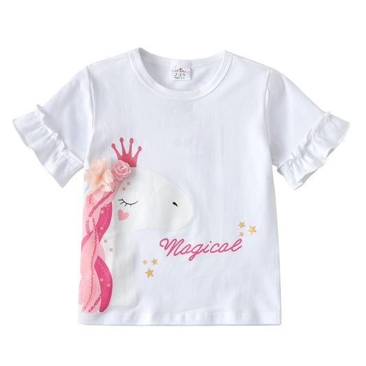 Girls Short Sleeve T-Shirt Pink Magic Unicorn Pattern O Neck Top