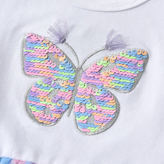 Girls Summer Dress Sequins Butterfly Flare Sleeve Purple Dress Girls Tutu Dress