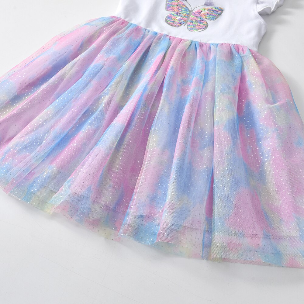 Girls Summer Dress Sequins Butterfly Flare Sleeve Purple Dress Girls Tutu Dress