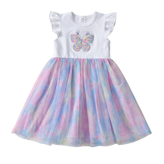 Girls Summer Dress Sequins Butterfly Flare Sleeve Purple Dress Girls Tutu Dress