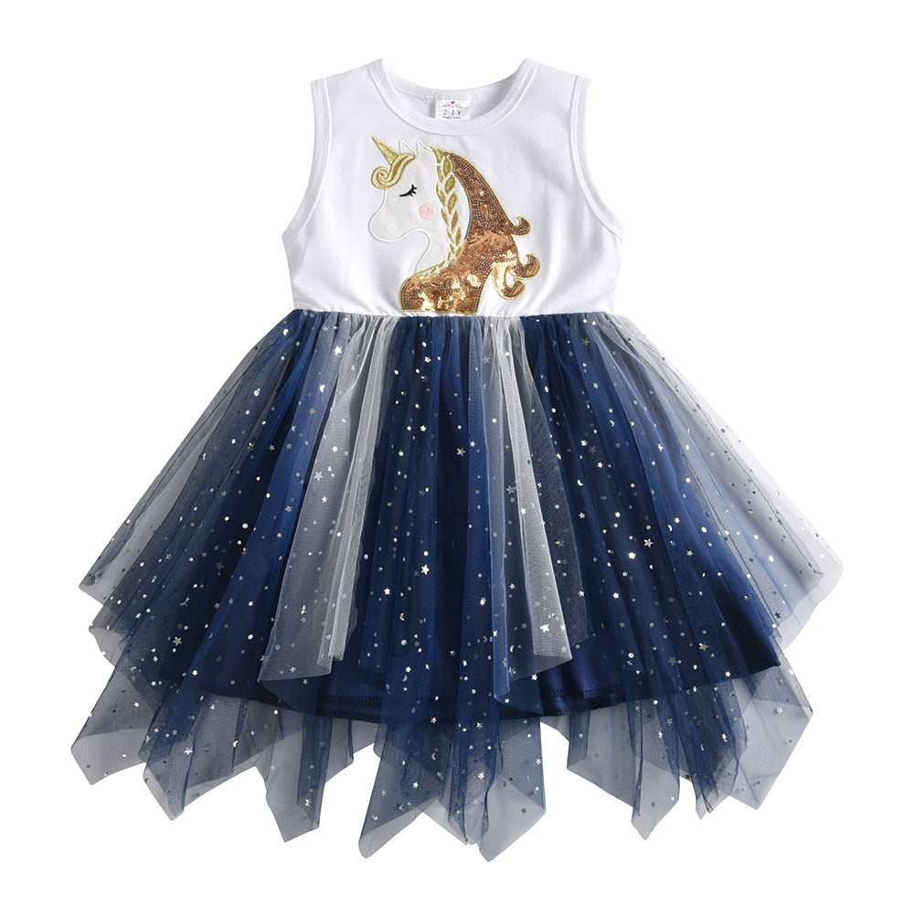 Girls Summer Dress Cute Unicorn Party Tutu Dress Casual Sleeveless Cotton Sparkle Tulle Dress