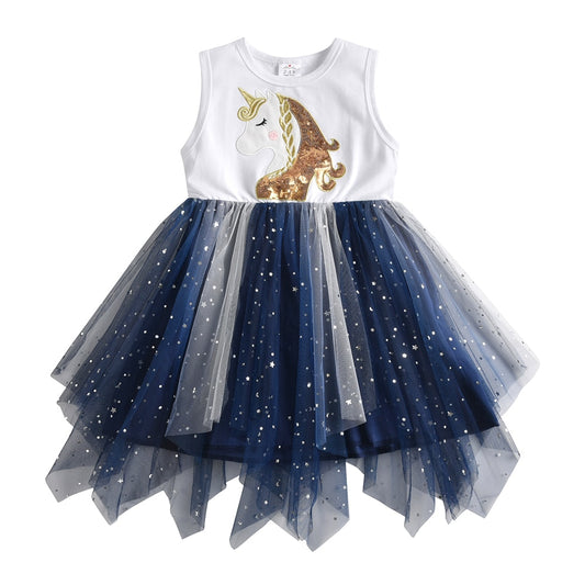 Girls Summer Dress Cute Unicorn Party Tutu Dress Casual Sleeveless Cotton Sparkle Tulle Dress