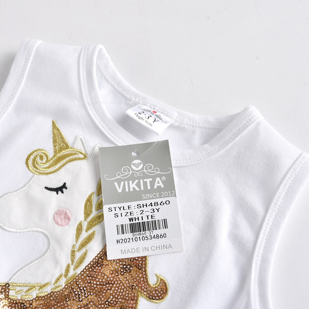 Girls Summer Dress Cute Unicorn Party Tutu Dress Casual Sleeveless Cotton Sparkle Tulle Dress