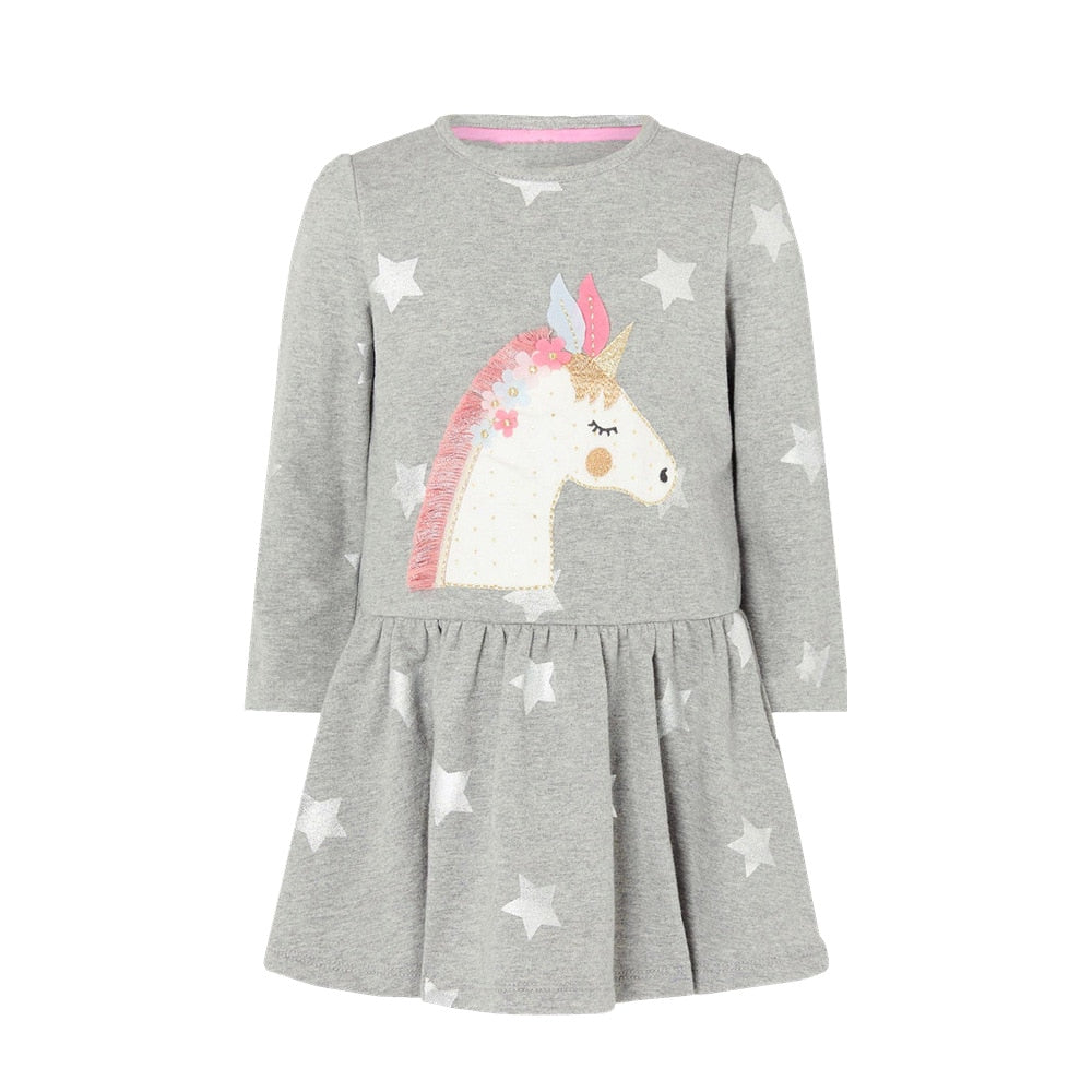 Girls Long Sleeve Casual Dress Grey Unicorn with Sparkle Star Cotton Frocks for Girls 2-7T