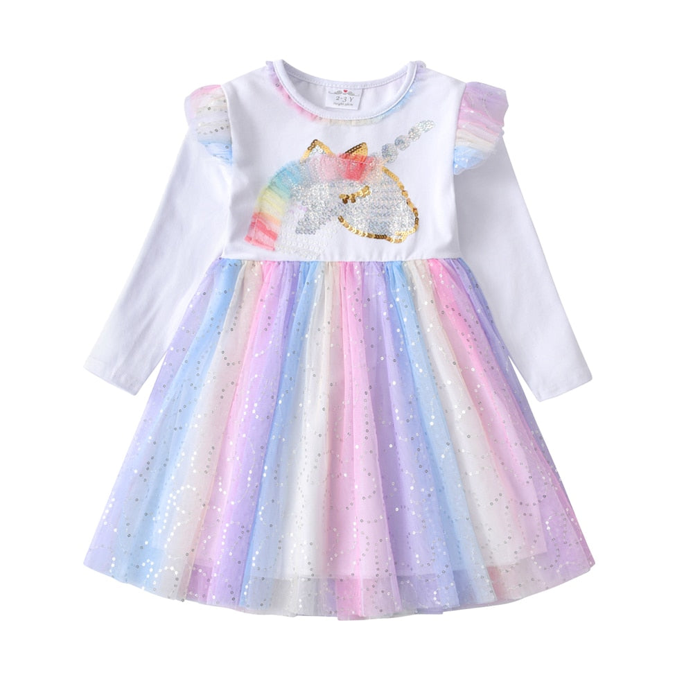Sequins Unicorn Designer Tutu Dress Princess Pink Long Sleeve Girl Toddler Dress 3-8T