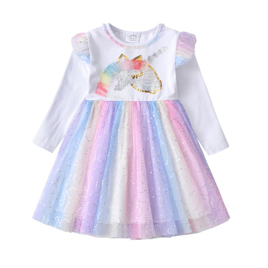 Sequins Unicorn Designer Tutu Dress Princess Pink Long Sleeve Girl Toddler Dress 3-8T