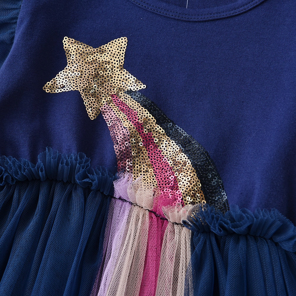 Star Comet Sequined Girl Toddler Long Sleeve Tutu Dress